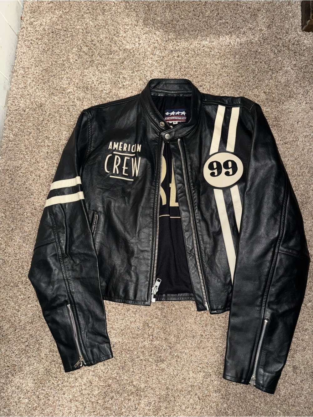 Black Mens AMERICAN CREW Bobber Cafe Racer Motorcycle 100% Gen LeatherJacket